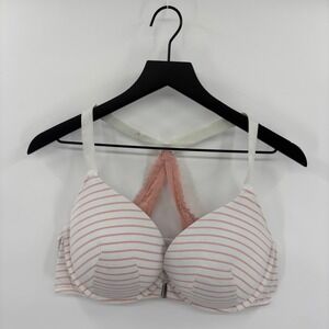 Cacique 40DD Pink Stripe Front Closure Push Up Bra Racerback Lace Detail